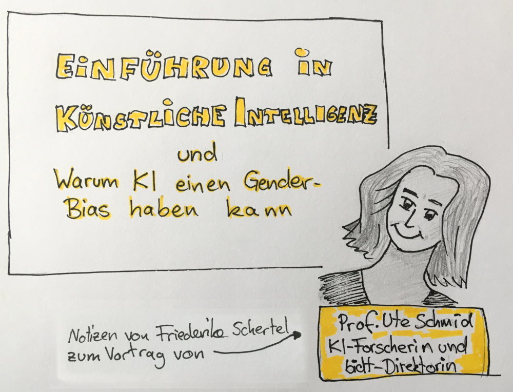 EinfÃ¼hrung in KÃ¼nstliche Intelligenz und Warum KI einen Gender Bias 
haben kann. Notizen von Friederike Schertel zum Vortrag von 
Prof. Dr. Ute Schmid - KI-Forscherin und bidt-Direktorin
