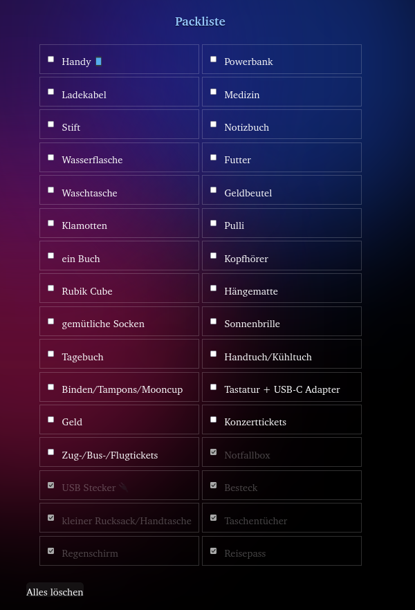 Bild von meiner Packliste mit vielen Checkboxen und teilweise abgehakten Elementen